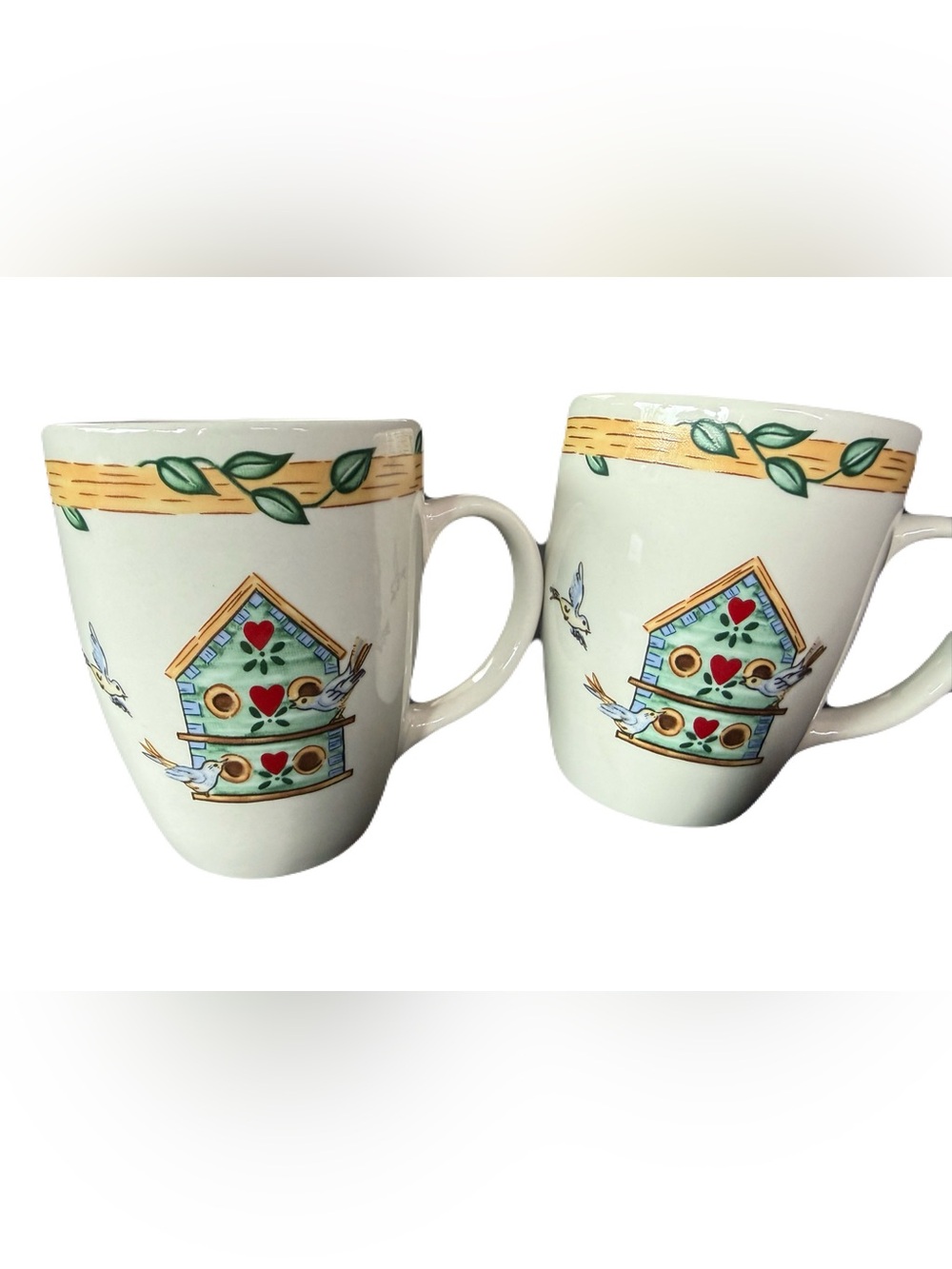 Grandmacore vintage Birdhouse Ceramic Coffee Mug - White with Green Accents pair